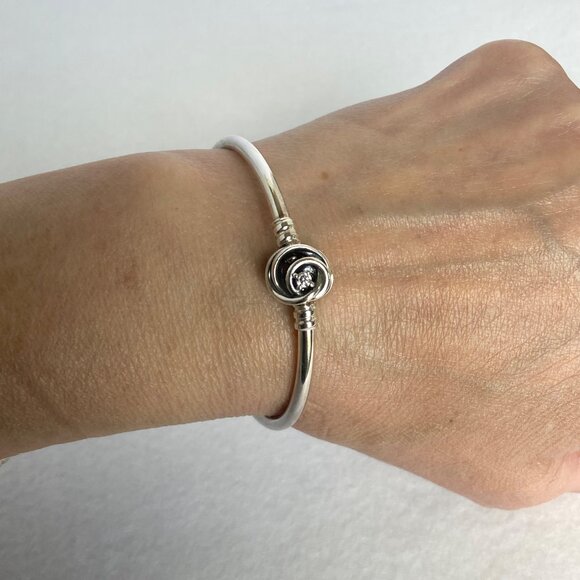Pandora Sterling Silver 925 Encircled Clasp CZ Round Charm Bangle Bracelet 6.5" - Picture 12 of 16